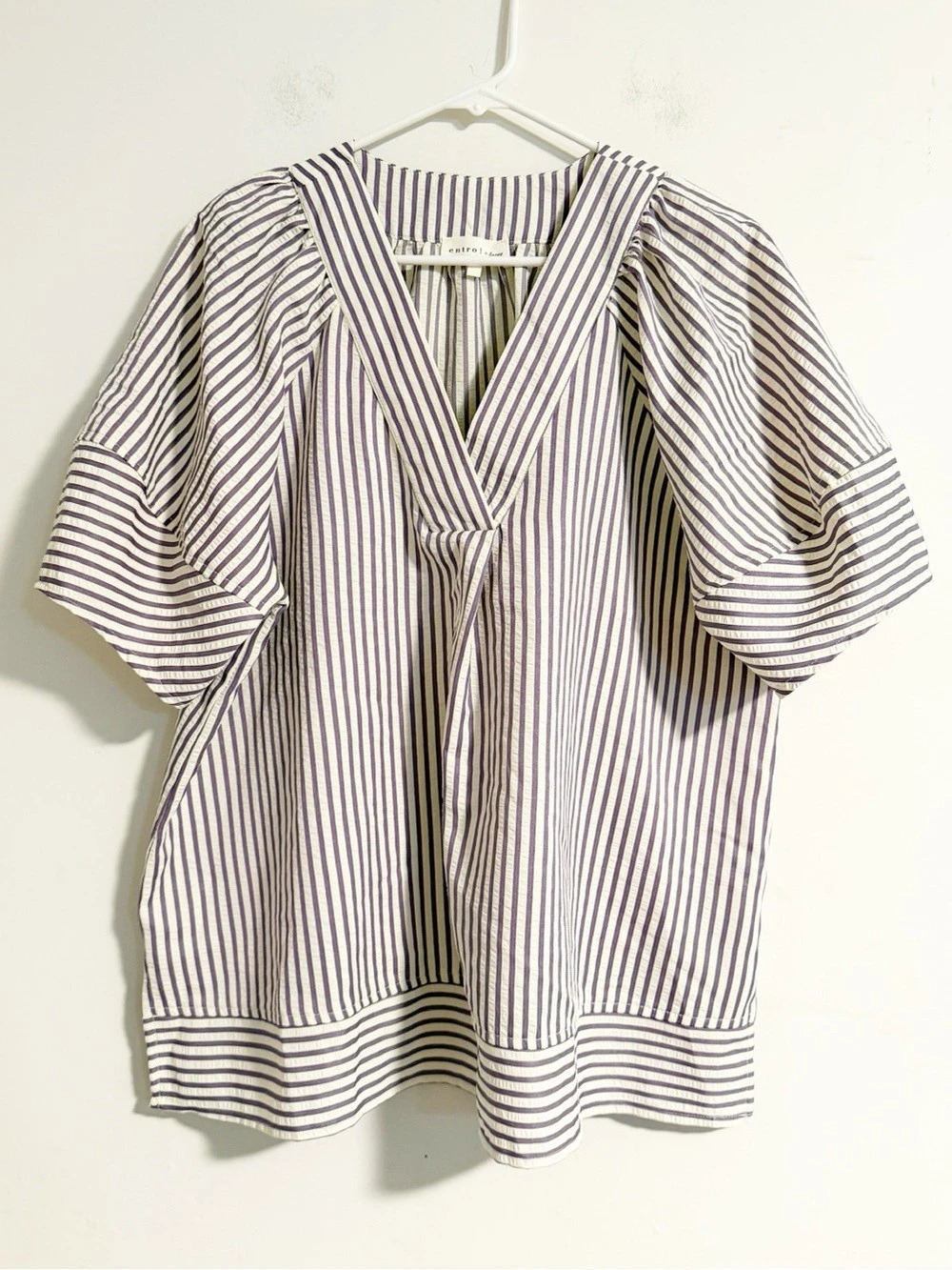 Entro Purple White Striped Short Sleeve V-Neck Blouse Top Womens Extra Large XL